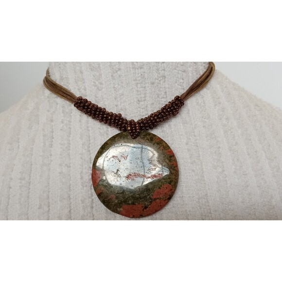 Natural Unakite Jasper Pendant Necklace w Bronze Seed Beads 14-15.5 in - Picture 4 of 7